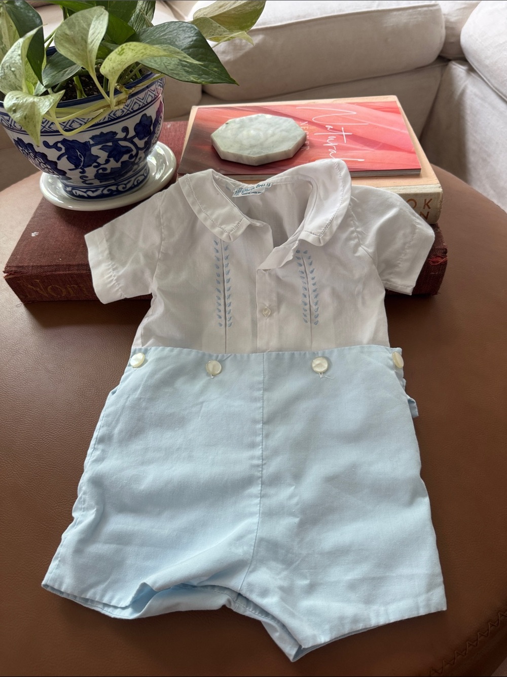 Classic White Baby Button-Down Shirt with Light Blue Embroidery and shorts